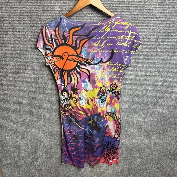Y2K Sequin Graphic T-Shirt Purple Sun Floral Script Print Short Sleeve Top S - Picture 4 of 5